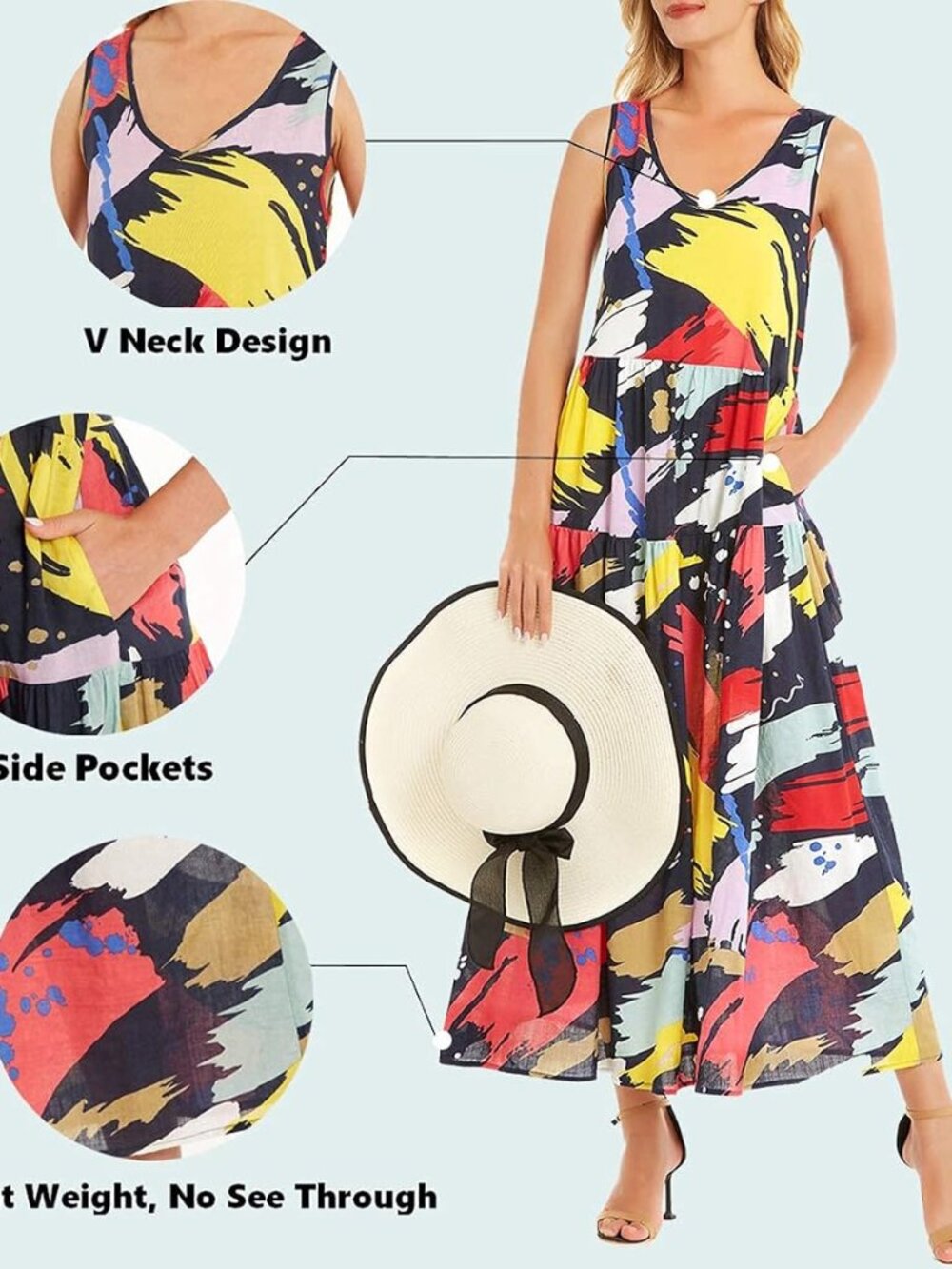 YESNO Women Casual Long Floral Printed Beach Party Maxi 3 Dresses w/ Pockets 2XL